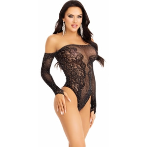 Teddy Pe Umeri Lăsați cu Cristale şi Dantelă Leg Avenue Negru XS-L Thumb 2